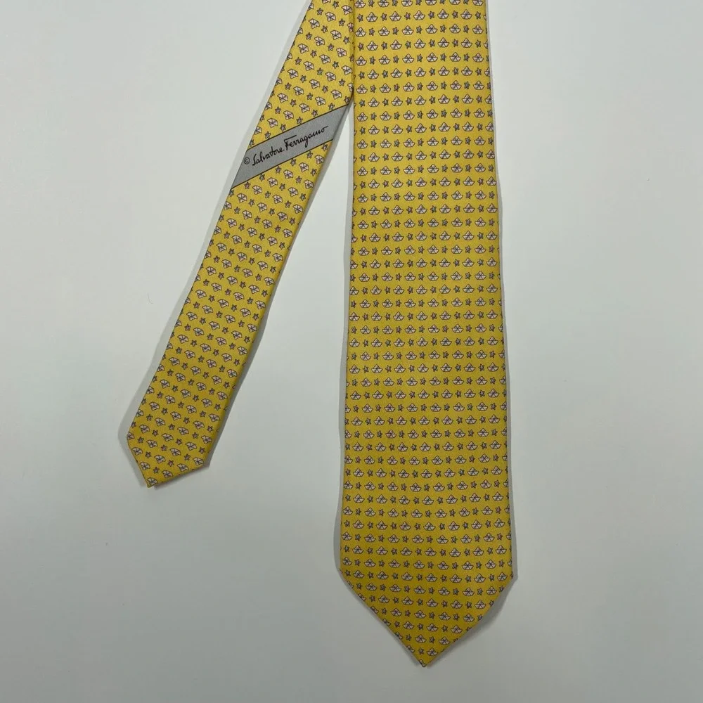 Salvatore Ferragamo Yellow Paper Boat Star Print Silk Tie Mens OS